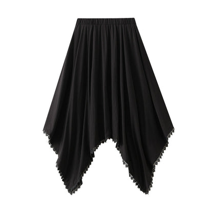 Irregular Asymmetric Lace Stitching Skirt Women Autumn Elastic Waist Casual A line Large Hem Umbrella Skirt