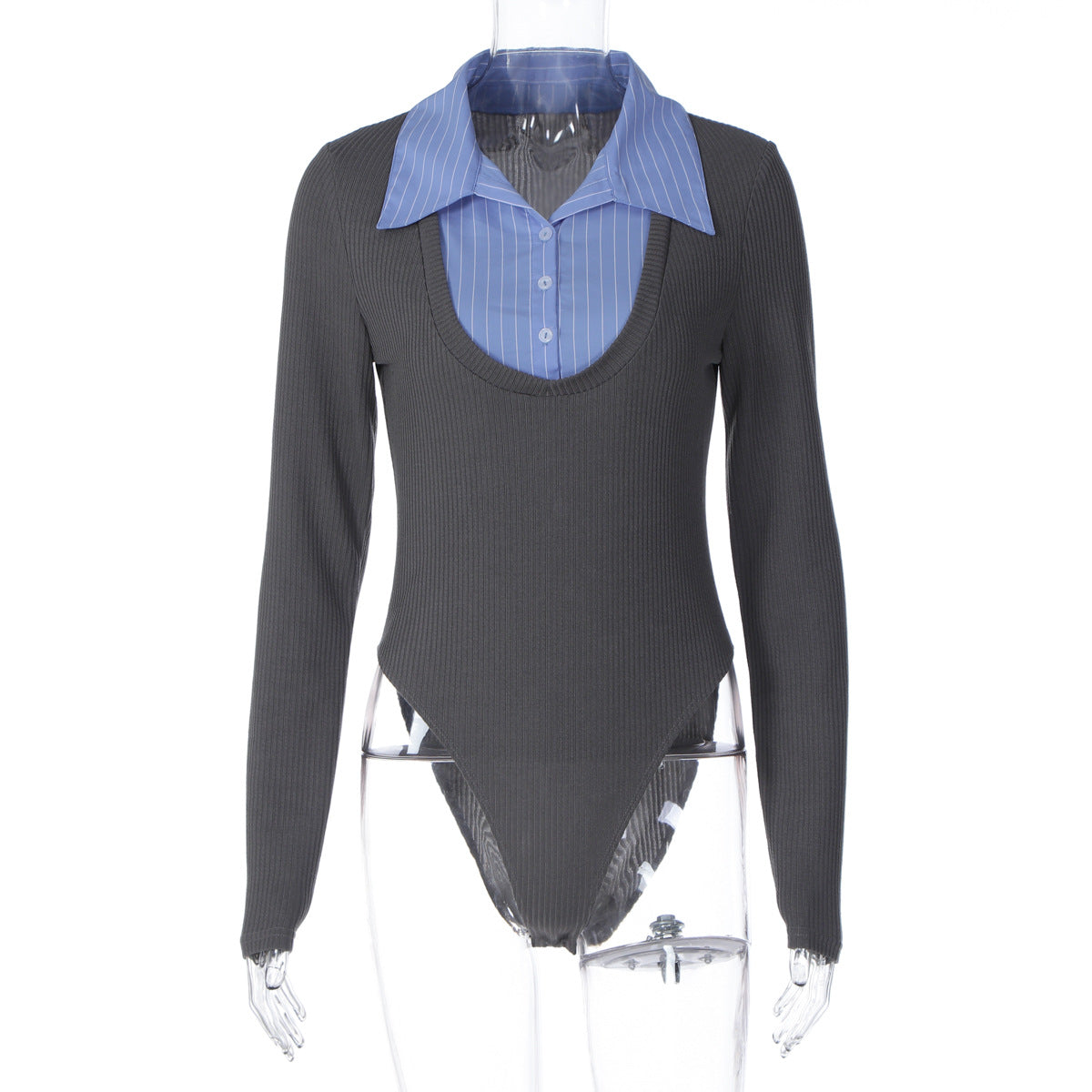 Women Clothing Winter Long Sleeve Collared Button Rib Stitching Slim Jumpsuit