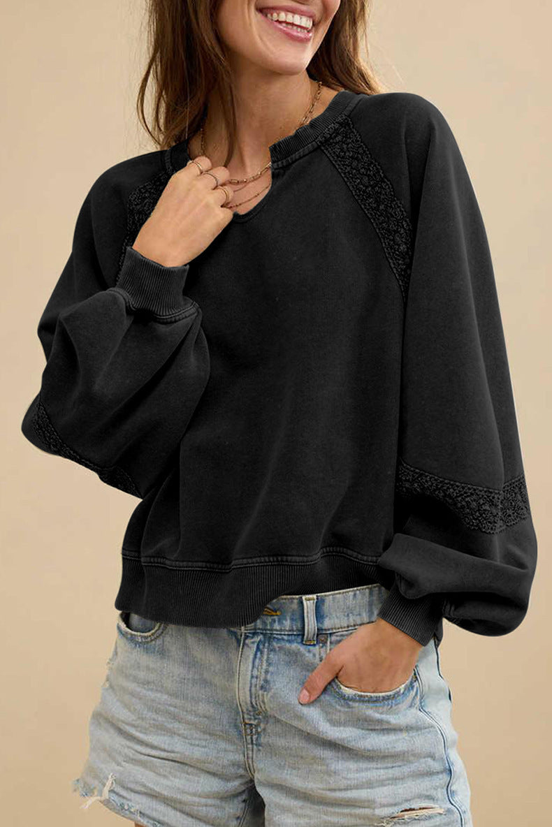 Solid Color Half Open Collar Stitching Lace Loose Stylish Long Sleeves Sweater