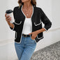 Autumn Casual Classic Loose Trim V neck Color Block Coat Women