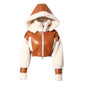 Fur One Piece Lamb Fur Short Coat Women Winter Retro Patchwork Contrast Color Hooded Motorcycle Jacket Top