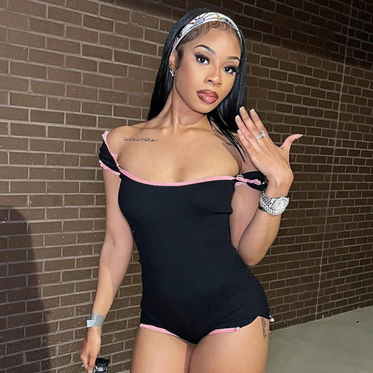 Summer Contrast Color Lace Stitching Square Collar Sexy Girl Tight Jumpsuit