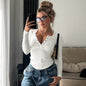 Women Autumn Buckle Half Open Collar Long Sleeve Slim Fit Slimming Fashionable All Match Bottoming Shirt Top