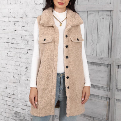 Autumn Winter Women Clothing Collared Sleeveless Loose Pointed Bubble Cardigan Plush Vest
