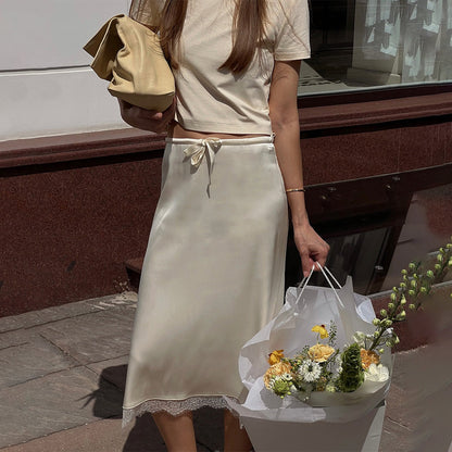 French Lace Stitching Satin Skirt Sexy Solid Color High Waist Slim Fit