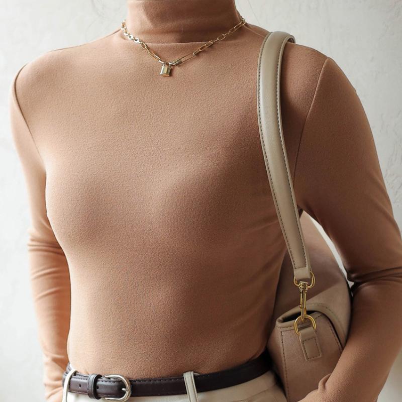 Women Clothing Autumn Winter Simple Solid Color Upper Clothes Long Sleeves T shirt Half Turtleneck Bottoming Shirt