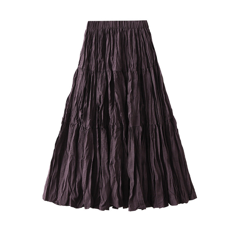 Retro Draped Dress Big Swing Mid Length Skirt Autumn Patchwork Tiered