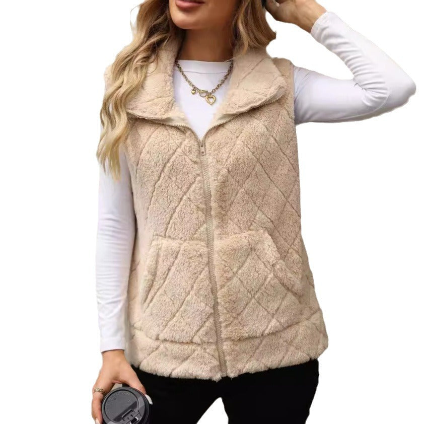 Women Clothing Autumn Winter Cardigan Zipper Loose Diamond Lattice Coat Plush Vest