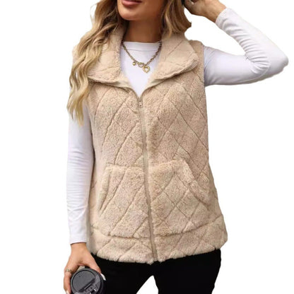 Women Clothing Autumn Winter Cardigan Zipper Loose Diamond Lattice Coat Plush Vest