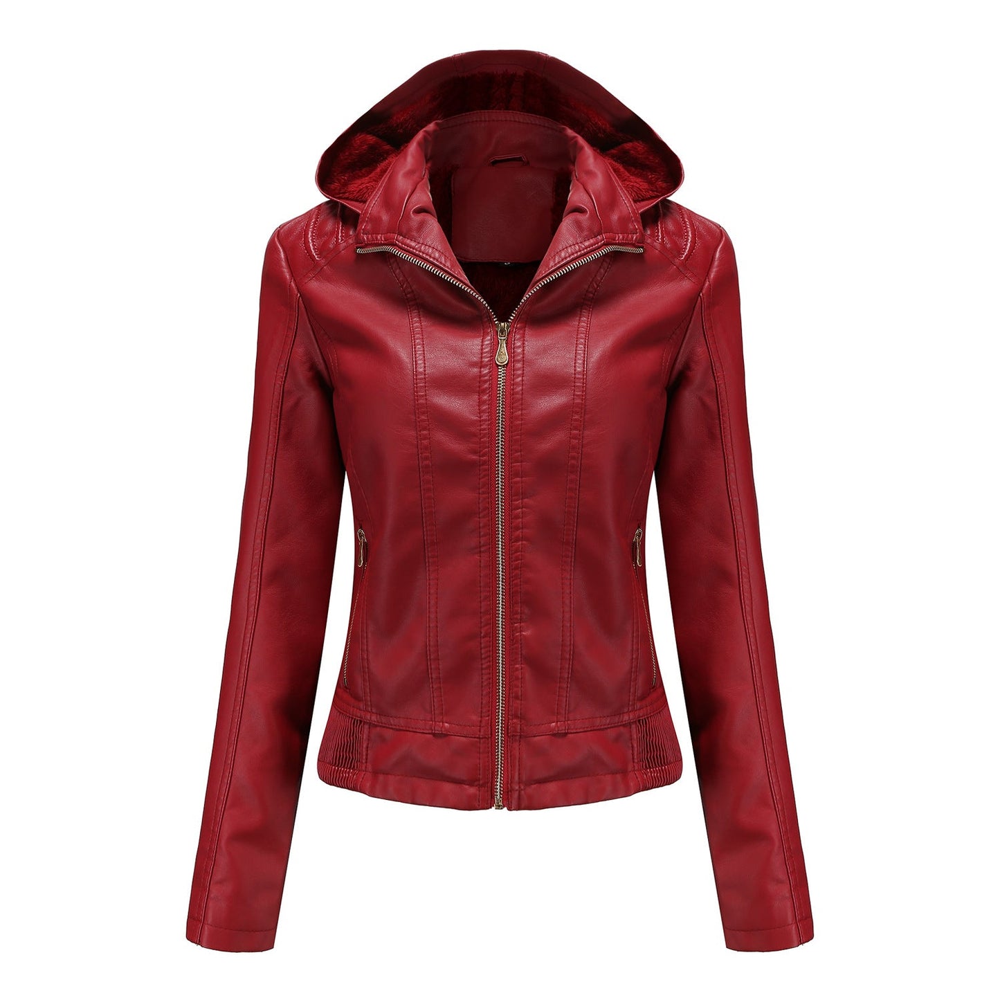 Fall Winter Hooded Leather Coat Women's Detachable Hat Long Sleeve Zipper Fleece-Lined Leather Jacket Slim Coat