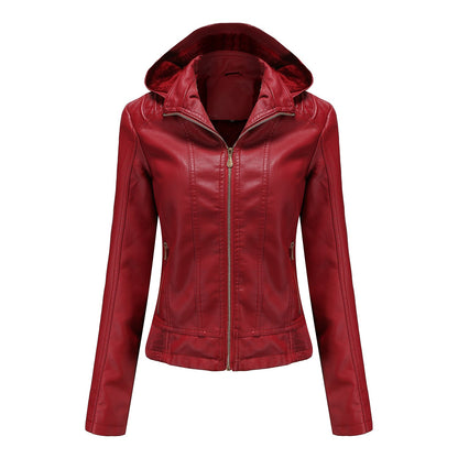 Fall Winter Hooded Leather Coat Women's Detachable Hat Long Sleeve Zipper Fleece-Lined Leather Jacket Slim Coat