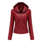 Fall Winter Hooded Leather Coat Women's Detachable Hat Long Sleeve Zipper Fleece-Lined Leather Jacket Slim Coat