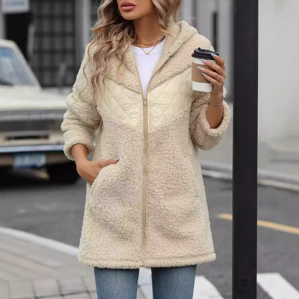 Arrival Women Clothing Autumn Winter Cardigan Hooded Mid Length Loose Zip Plush Coat for Women