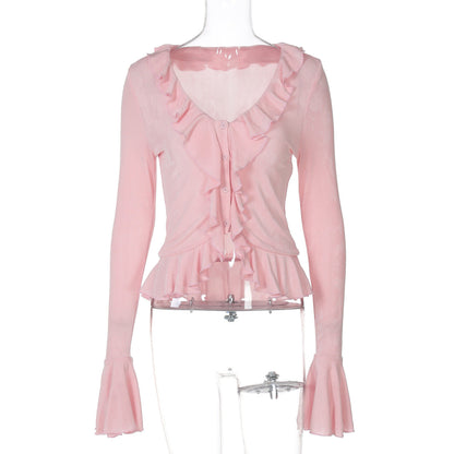 Women Sexy V neck Cardigan Buckle Ruffled Flared Sleeve Waist Figure Flattering T shirt Top