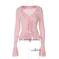 Women Sexy V neck Cardigan Buckle Ruffled Flared Sleeve Waist Figure Flattering T shirt Top