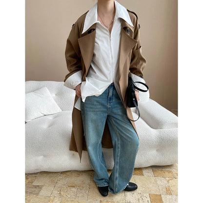 Autumn Atmosphere Fully Open Classic Collared Double Breasted Lace up Profile Trench Coat