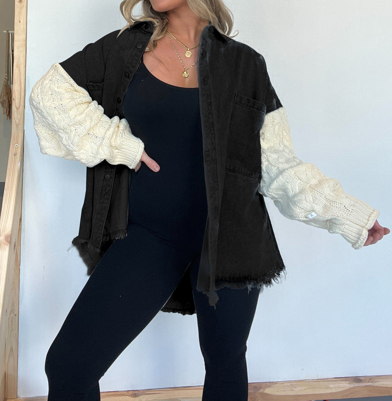 Loose Stitching Sweater Sleeve Denim Woolen Women Coat