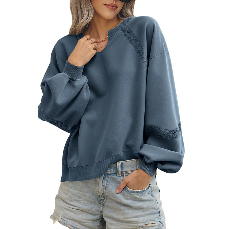 Solid Color Half Open Collar Stitching Lace Loose Stylish Long Sleeves Sweater