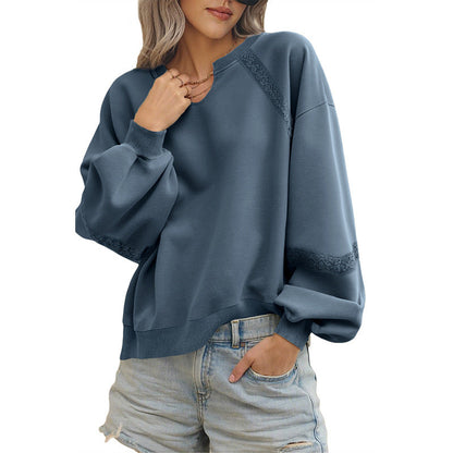 Solid Color Half Open Collar Stitching Lace Loose Stylish Long Sleeves Sweater