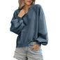 Solid Color Half Open Collar Stitching Lace Loose Stylish Long Sleeves Sweater
