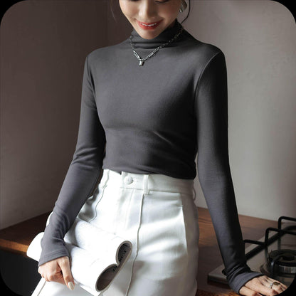 Women Clothing Autumn Winter Simple Solid Color Upper Clothes Long Sleeves T shirt Half Turtleneck Bottoming Shirt