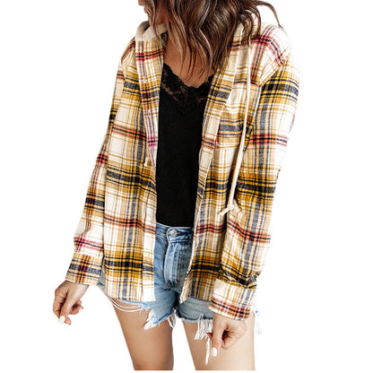 Autumn Winter Women Clothing Hooded Single-Breasted Plaid Women Shacket Jacket