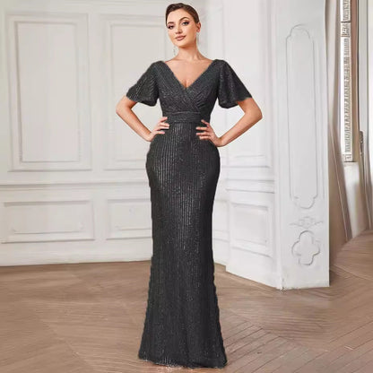 Sexy V Neck Sequ Floor Length Evening Dress Elegant Split Cocktail Party Party Dress