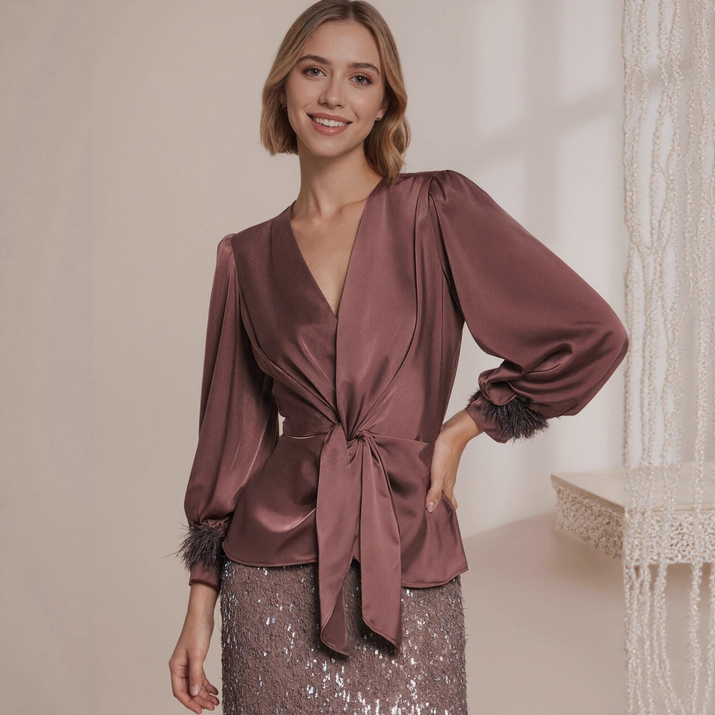 Women Clothing Young Satin French Design Tied Slim Fit Top Drawstring Waist Tight Satin Shirt