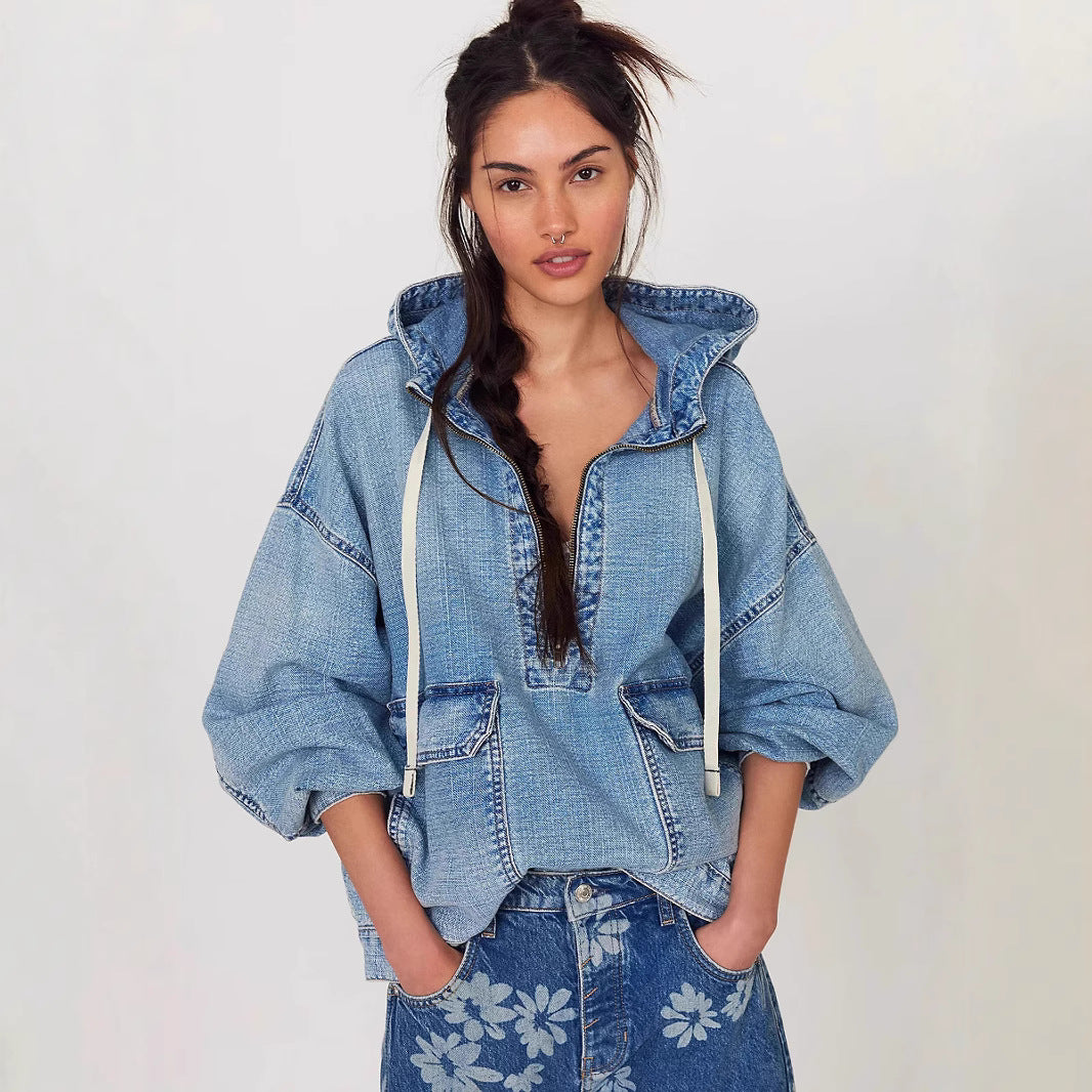 Autumn Loose Casual Washed Hooded Denim Long Sleeved Tops