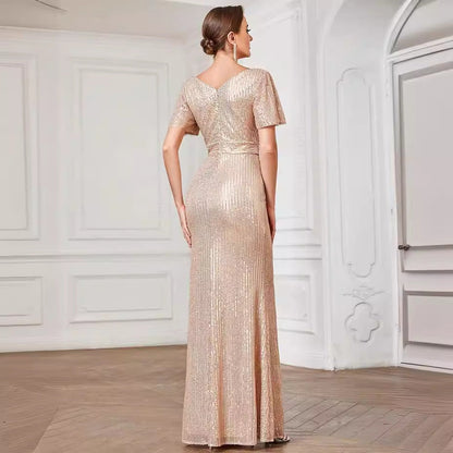 Sexy V Neck Sequ Floor Length Evening Dress Elegant Split Cocktail Party Party Dress