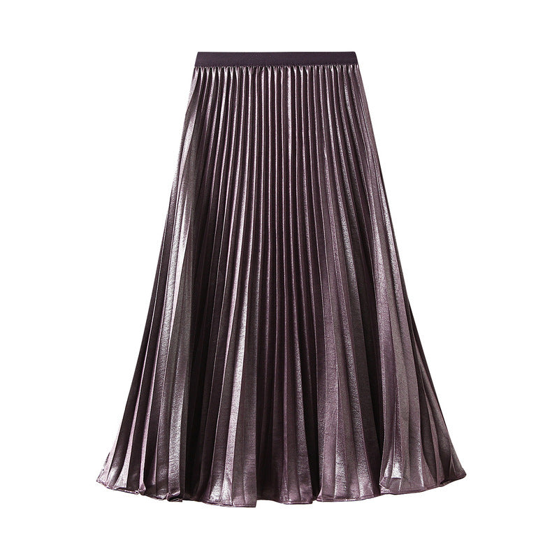 Thin Glittering Pearlescent Pleated Puffy Skirt for Women Autumn Elegant Drape Organ Pleated