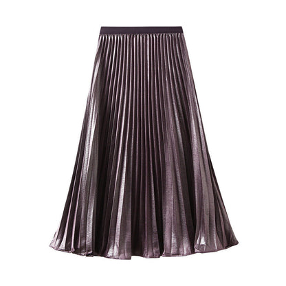 Thin Glittering Pearlescent Pleated Puffy Skirt for Women Autumn Elegant Drape Organ Pleated