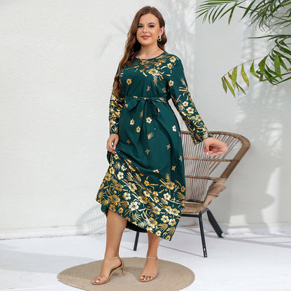 Plus SizeAutumn Winter Loose Dress Bronzing Printed Long Sleeve Plump Girls Dress