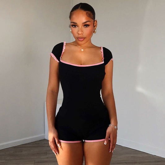 Summer Contrast Color Lace Stitching Square Collar Sexy Girl Tight Jumpsuit