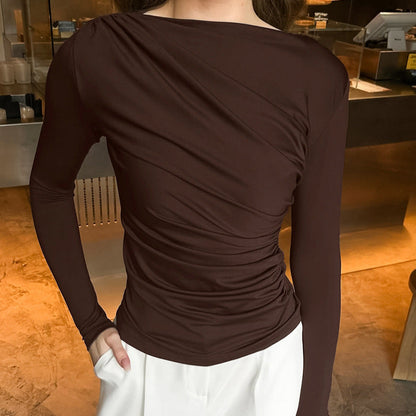 Autumn Arrival Pleating Niche Slim Waist Tight Sexy Long Sleeve Bottoming Shirt for Women