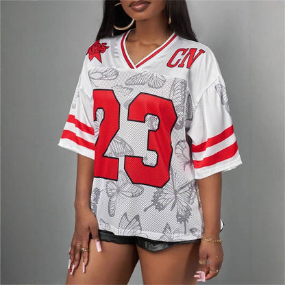 Summer Women Clothing Trend Casual Loose Printed Hollow Out Cutout T shirt Short Sleeve