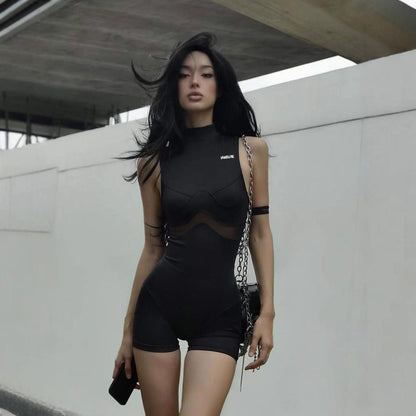 Street Mesh Stitching Hollow Out Cutout Sleeveless Romper Sexy Solid Color Tight Sports Waist Shaping Trousers