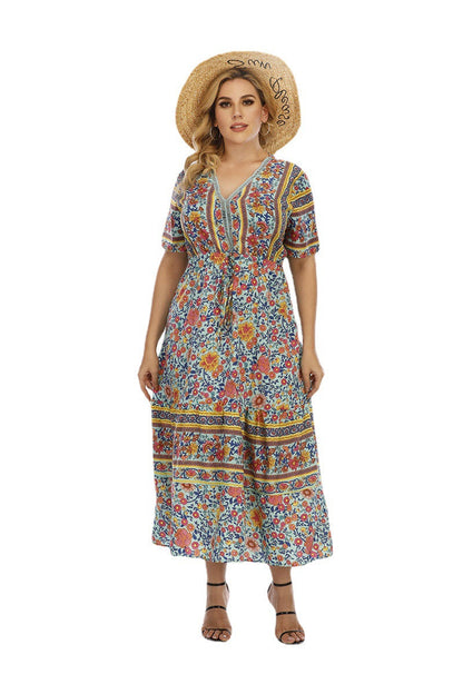 Plus Size Bohemian Dress Wearable Lace Patchwork Maxi Dress