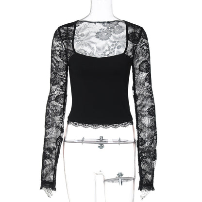 Women Clothing Summer Sexy Lace Cutout Stitching Long Sleeved Top