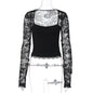 Women Clothing Summer Sexy Lace Cutout Stitching Long Sleeved Top