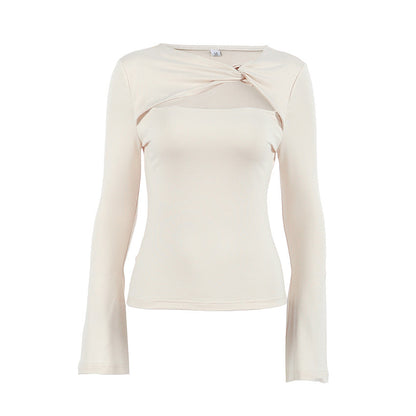 Fall Women Clothing Lightly Mature Hollow Out Cutout out Shoulder T shirt Long Sleeve Slim Fit Slimming Irregular Asymmetric Solid Color Top