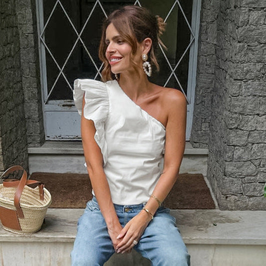 Retro Elegant One Shoulder Cold Shoulder Design Short Pure Cotton White All Match Summer Ruffles Vest Women