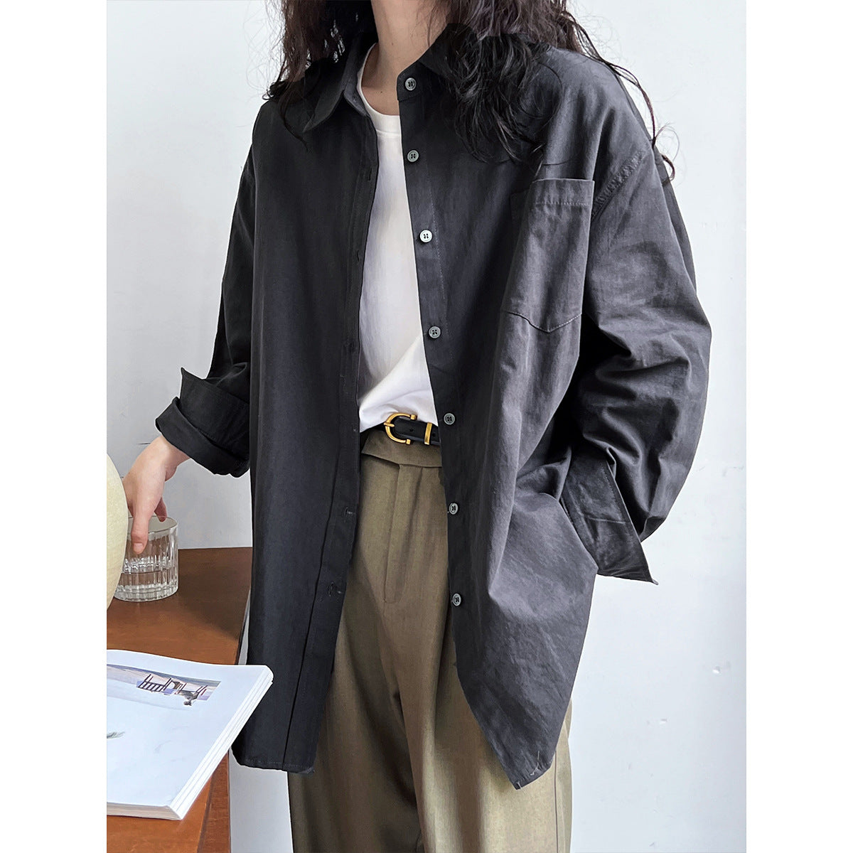 Oxford Cloth Classic Wide Long Sleeved Shirt Women Autumn Office Lazy Outer Wear Casual Overshirt
