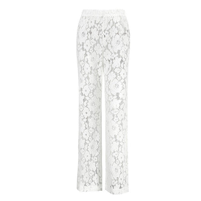 Cotton Lace White Jacquard See through High Waist Casual Flared Pants Spring Trousers