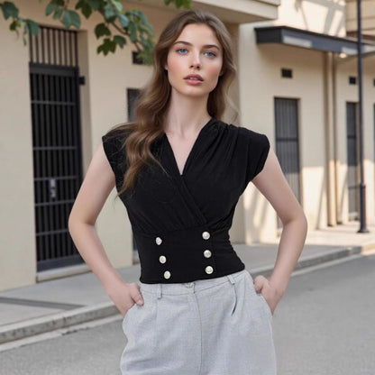 Elegant Simple Black V neck Laminated Sleeveless Vest Cross Collar Double Row Pearl Buckle Top