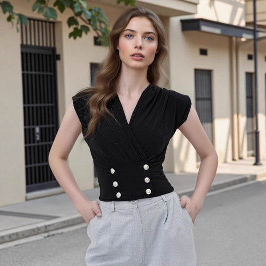 Elegant Simple Black V neck Laminated Sleeveless Vest Cross Collar Double Row Pearl Buckle Top