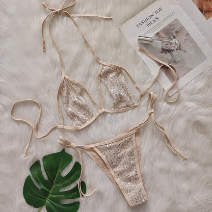 Bikini Sexy Split Sequined Swimsuit Women Lace-up Cutout Beach Swimsuit