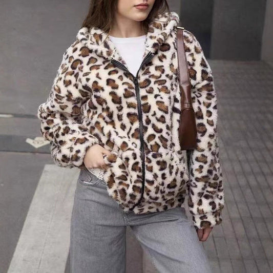 Printing Double Sided Plush Zipper Hooded Cardigan Casual Autumn Winter Women Plush Coat
