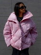 Rhombus Cotton Padded Jacket Women Clothing Autumn Winter Baggy Coat Matte Glossy Collared Cotton Padded Coat Casual Jacket