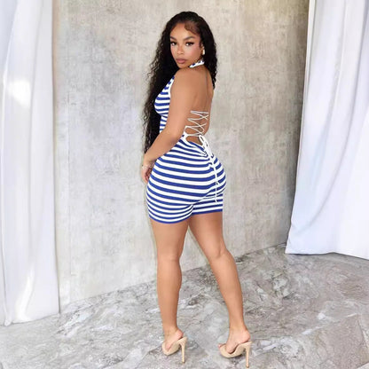 Women Clothing Summer Striped Printed Halter Backless Sexy Siamese Shorts